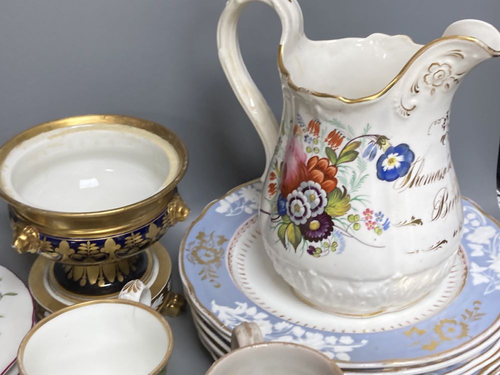 A collection of 19th - 20th century ceramics, including a Coalport floral painted jug, mugs, etc.